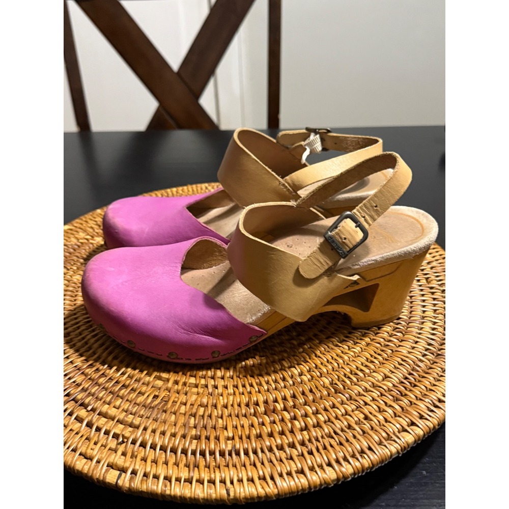 Dansko Thea Clogs Purple Tan Leather Wood Heel Sandal 39